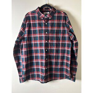 Goodfellow & Co Mens XL‎ Red & Green Plaid Button-Down Poplin Shirt 97% Cotton